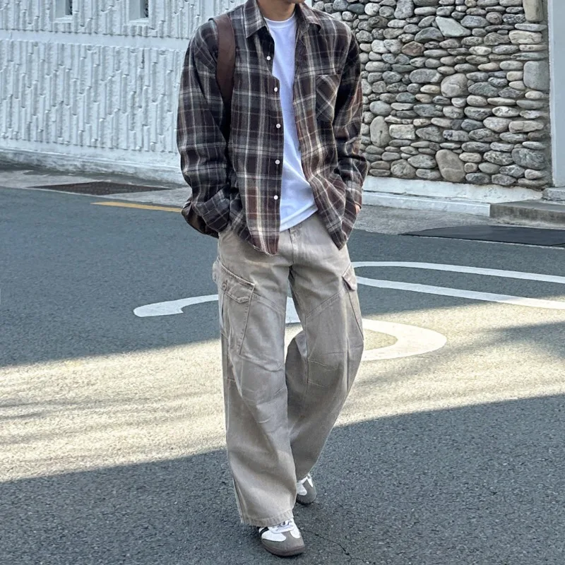 2026 Retro Style Plaid Long-sleeved Shirt Men's Spring and Autumn Loose Casual Shirt Korean Lazy Style Commuting Wear