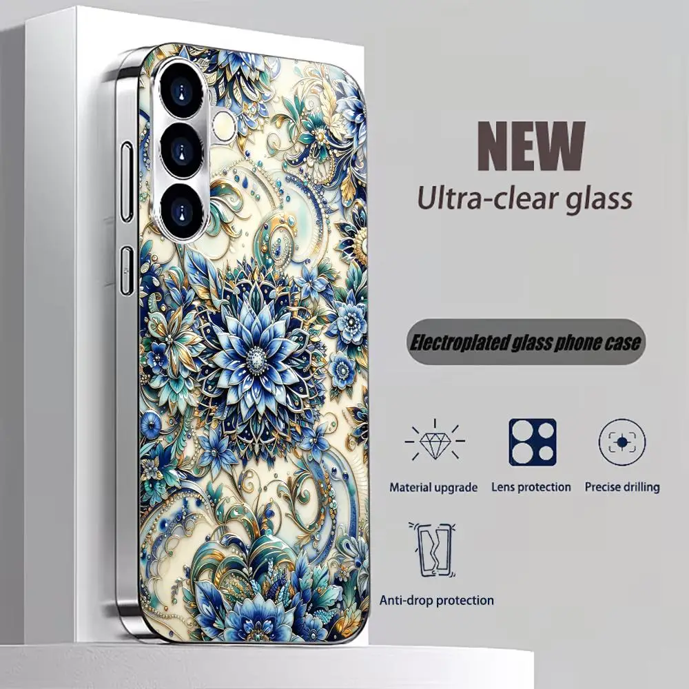 Blue Minimalist Floral Electroplated Glass TPU phone case for Samsung Galaxy S26 S25 S24 S23 S22 S21 FE,Ultra,Plus Dropresistant
