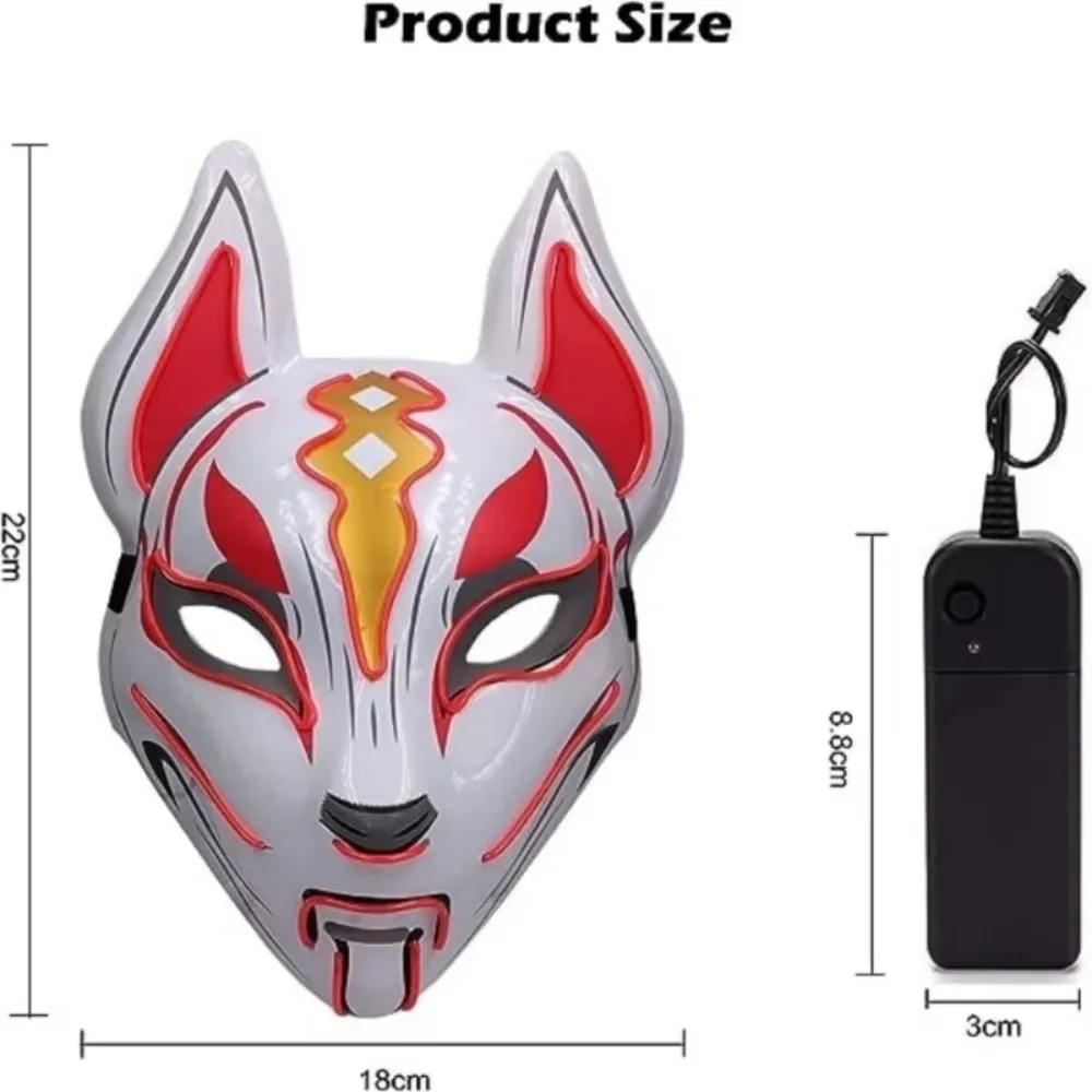 Máscara de raposa japonesa de PVC de alta qualidade, rosto inteiro, durável, LED, luz neon, reutilizável, fantasia de Halloween