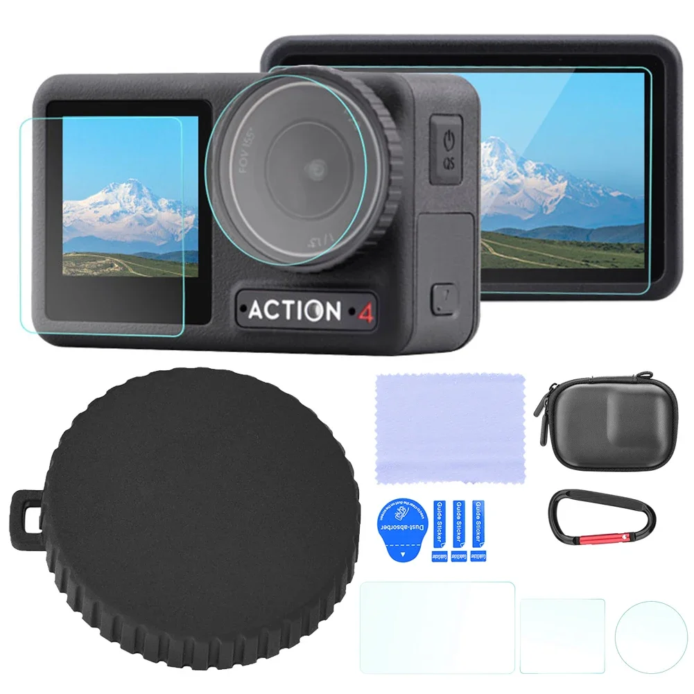 TPU Lens Protective Cap W/ Carrying Case Tempered Glass Front Rear Screen Protector for DJI Osmo Action 3/4 Camera