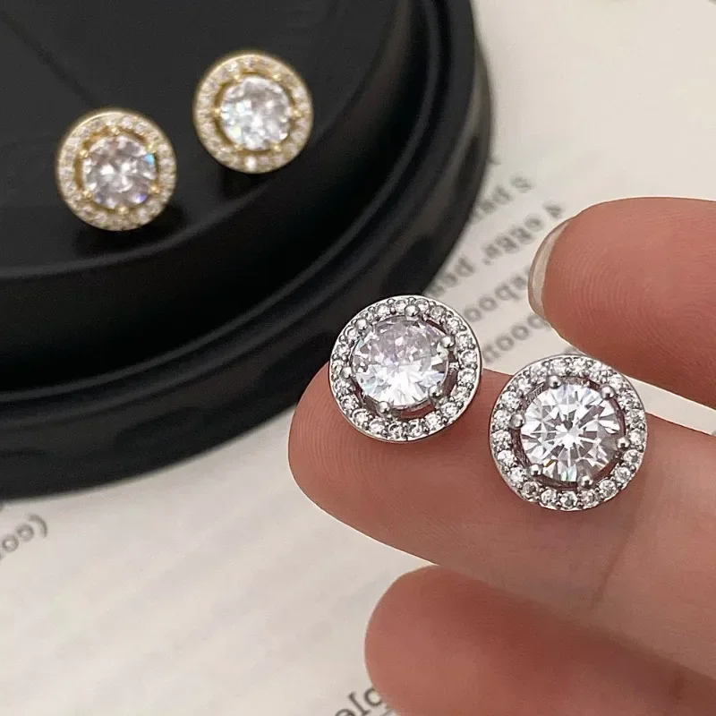 Uorich Light Luxury Round Inlay Zircon Stud Earrings for Women Men Gold Silver Rose Gold Three-color Jewelry Gifts Daily Wear