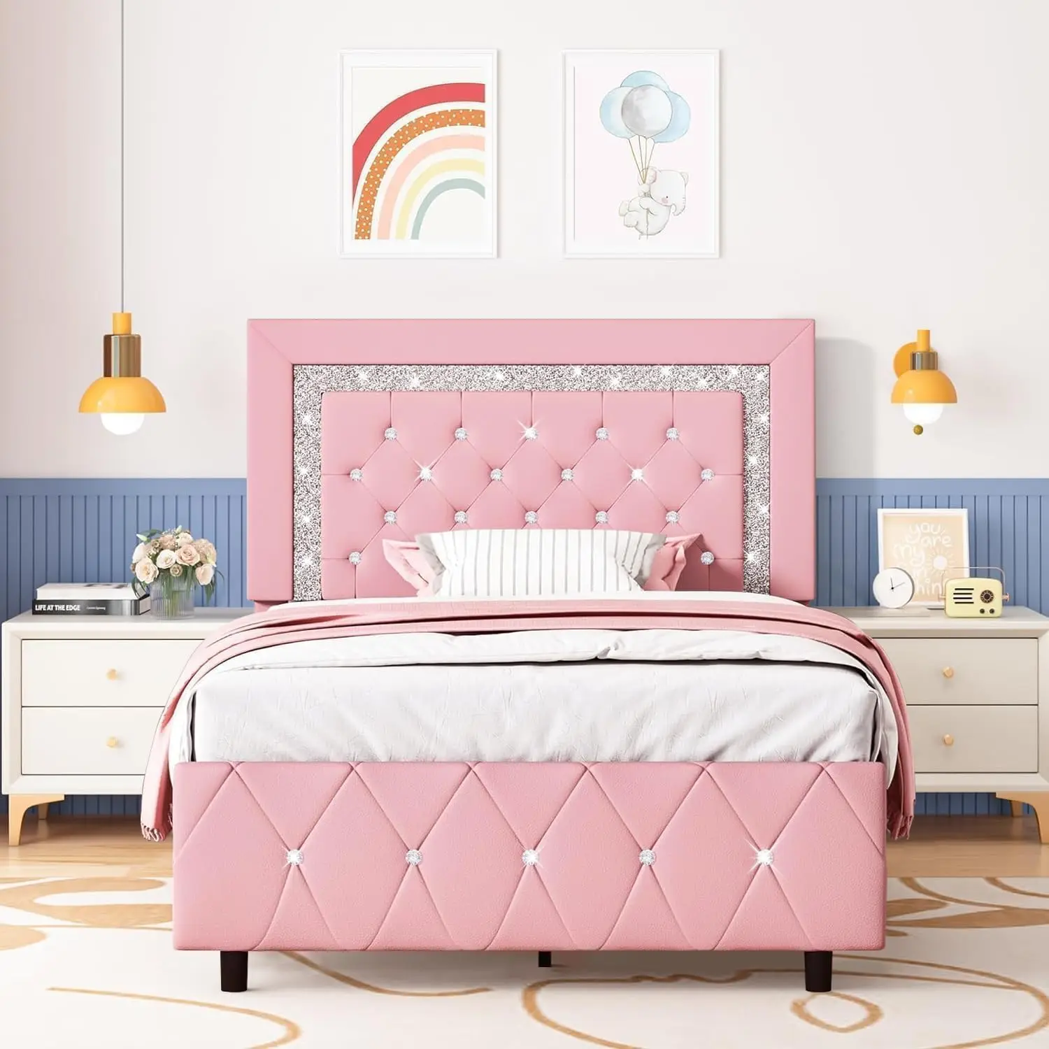 Twin Bed Frame, Pink Upholstered Bed Frame Twin Size with Diamond Tufted Headboard, Girls Twin Bed Frame with Faux Leathe