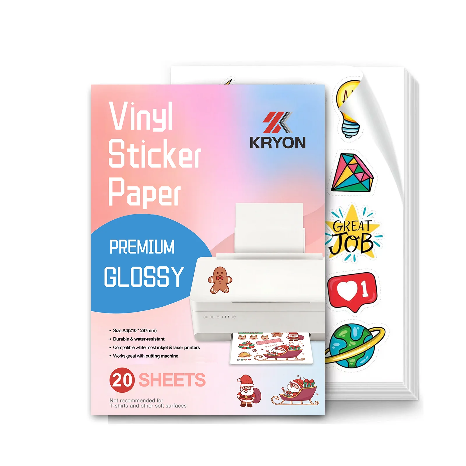 Printable Vinyl Sticker Paper, A4 High Glossy Waterproof Self-Adhesive Sheets for Inkjet Printer, DIY Decals and Labels, 20 Shee