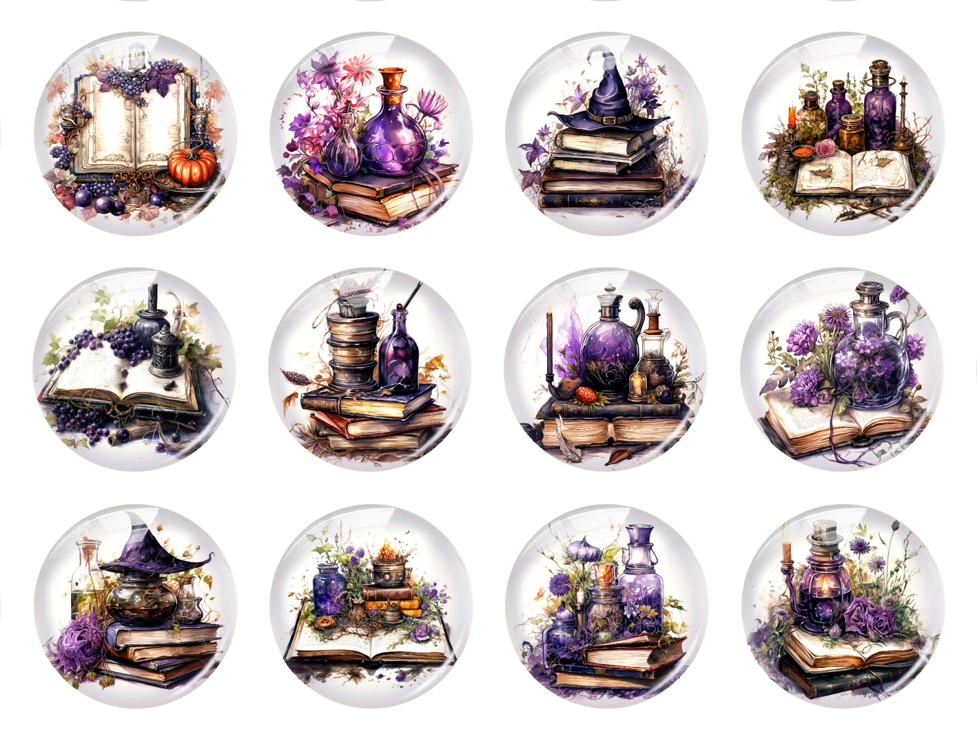 Handmade Halloween Witch Cauldron Books Hats Purple Photo Glass Cabochon Flatback Demo Flat Back Cameo For Diy Jewelry Making