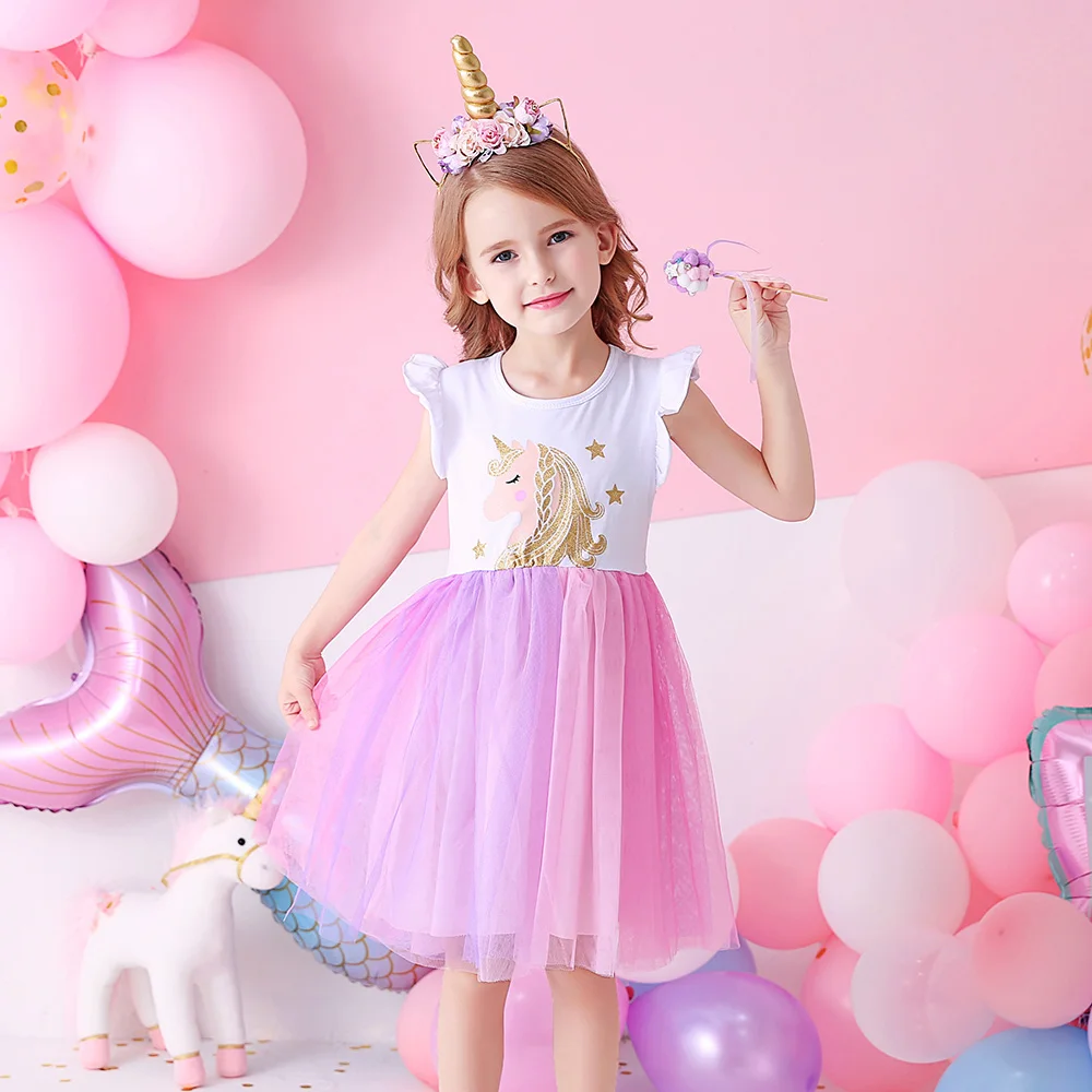 VIKITA Girls Flare Sleeve Summer Vestidos Girls Unicorn Print Cartoon Patchwork Dress Girl Party Princess Cute Mesh Tulle Dress