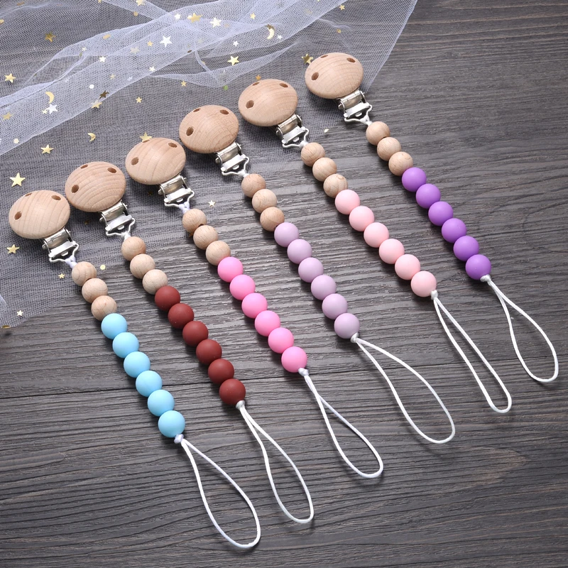 Baby Silicone Pacifier Clips Round Beech Wooden Beads Dummy Holder Clip For Teether Nursing Chew Toys Soothing Nipple Chain