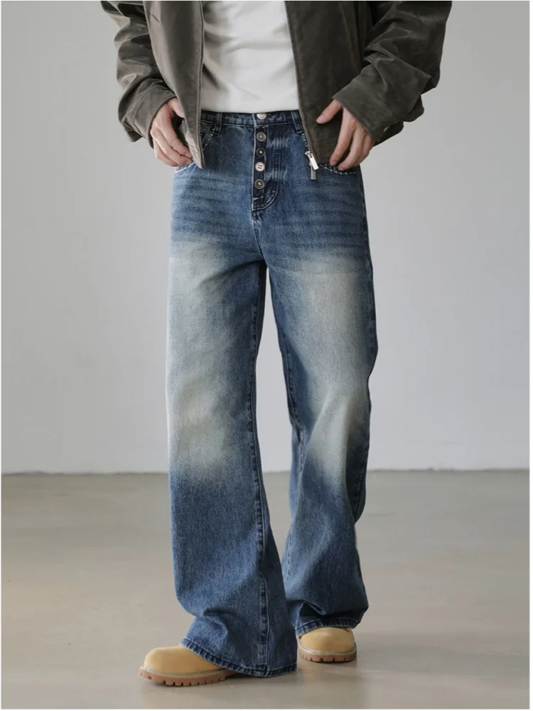 2026 Ropa Y2K Fashion Button Fly Washed Blue Baggy Cleanfit Casual Jeans Pants For Men Clothing Straight Luxury Denim Trousers