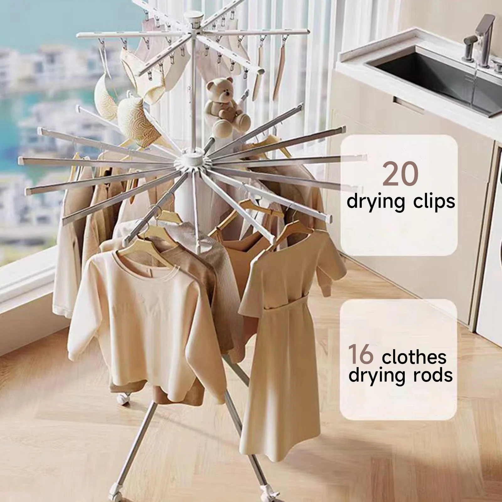 1/2 Layer Foldable Cylinder Drying Rack with Wheels Octopus Retractable clothes Drying Rack with 16 Clothes Drying Rod and Clips