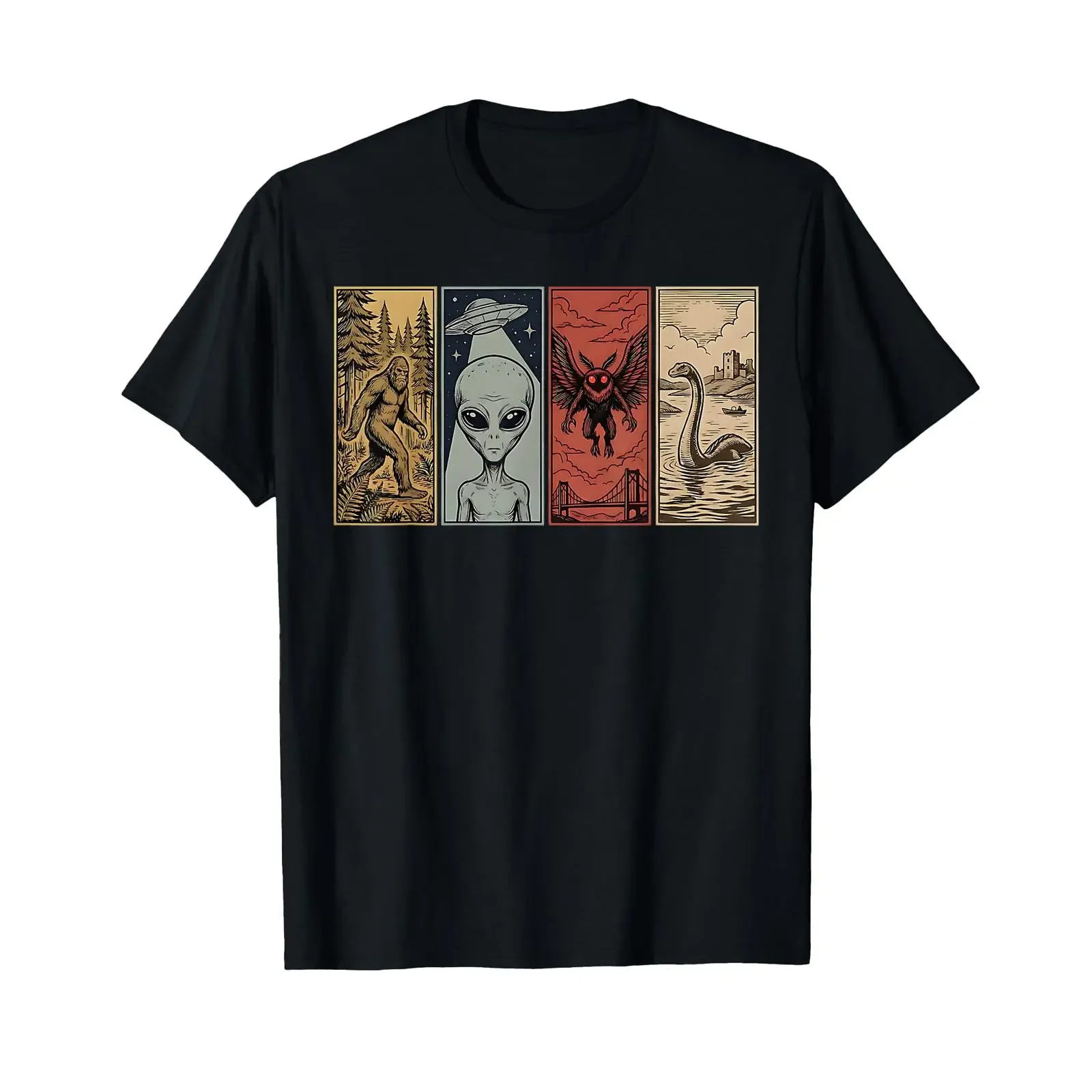 Retro Monster Loch Ness Mothman Bigfoot Alien Funny Cryptid T Shirt vintage Washed graphic streetwear Top For Everyday Wear