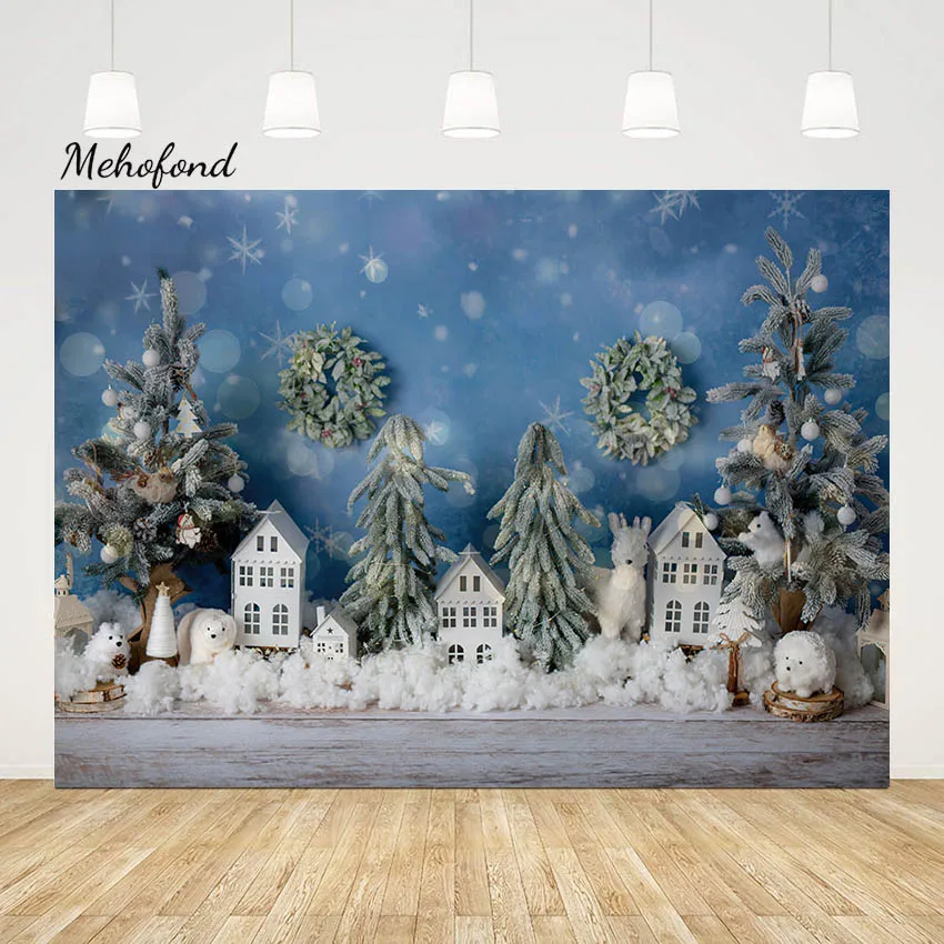 

Mehofond Christmas Building Background Photo Studio Children Birthday Party Photography Backdrop White Cloud Animal Wreath Decor