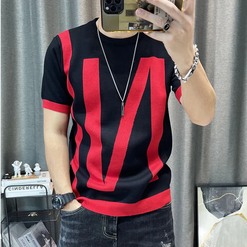 Patchwork Color Slim Fit Knitted T Shirt Men O-Neck Stretched Tee Shirt Homme Streetwear Fashion 2022 Spring Men Casual T-Shirt