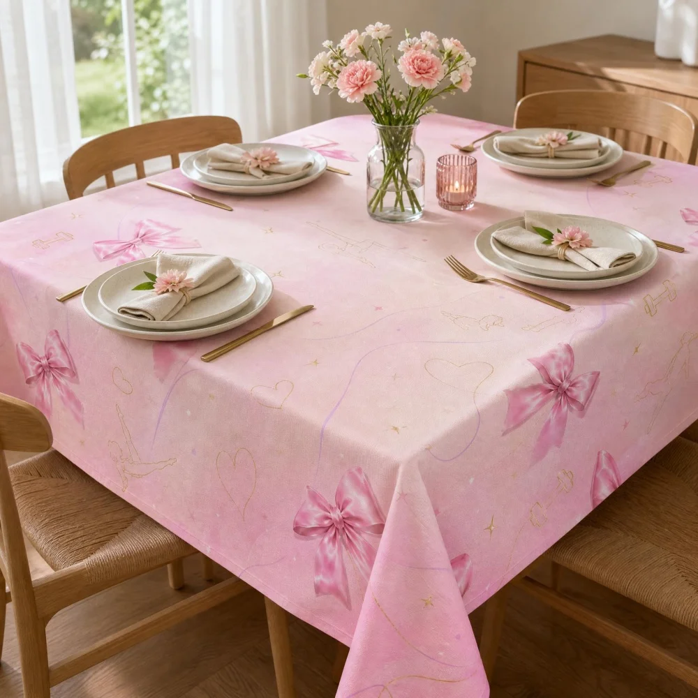 Pink Bow Heart Star Rectangle Tablecloth Cute Coquette Aesthetic Decorative Table Cover for Dining Table Girls Party Home Decor