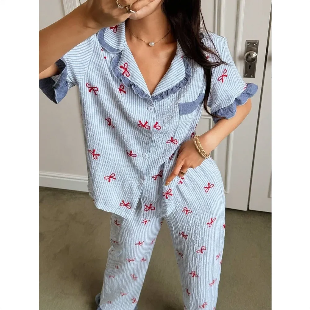

Blue Striped Bow Print Patchwork Contrast Color Lapel Short Sleeve Pants Pajama Set For Women