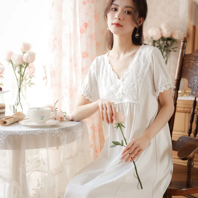 Women White Cotton Night Dress Victorian Nightgowns Vintage Sexy Lace Fairy Short Sleeve Peignoir Nightdress Princess Sleepwear