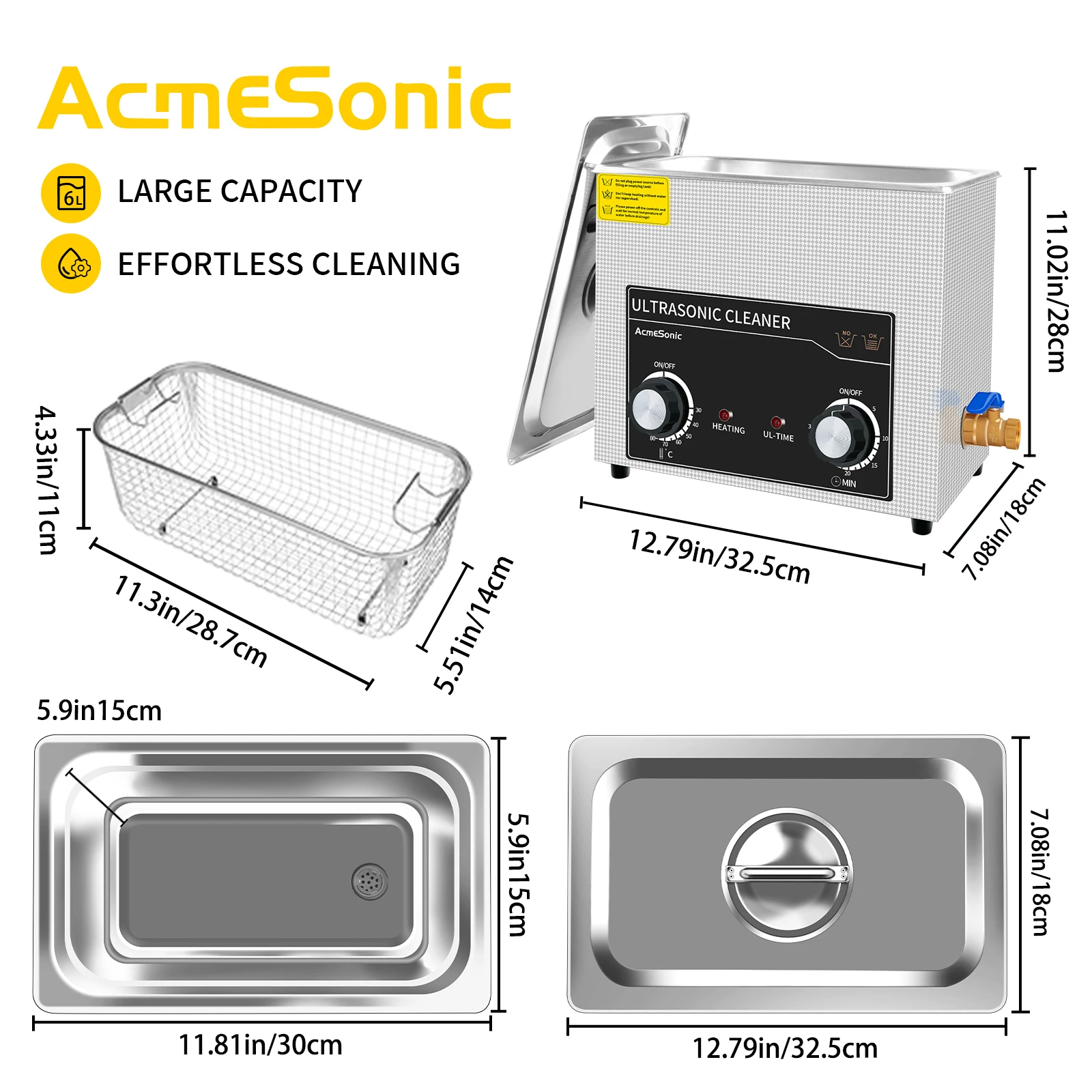 ACMESONIC Myjka ultradźwiękowa 6L do płyt winylowych, z podgrzewaczem Potężny ultrasonograf 180w do zegarków Szkło Auto Motor Bike Części