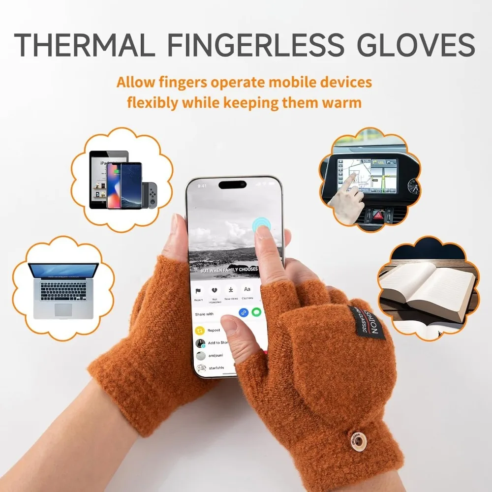 قفازات شتوية قابلة للتحويل بدون أصابع للرجال والنساء، قفاز نصف إصبع دافئ