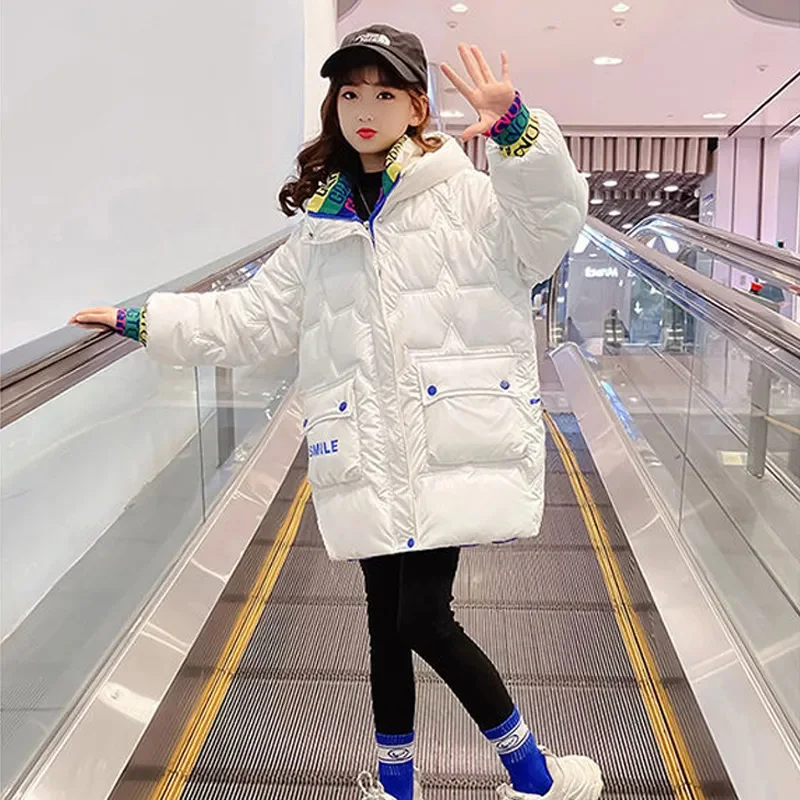 

Winter Jacket For Girl Hooded Coat 2024 New Children Snowsuit Down Cotton Clothes Outerwear Long Teen Parka Clothing TZ474