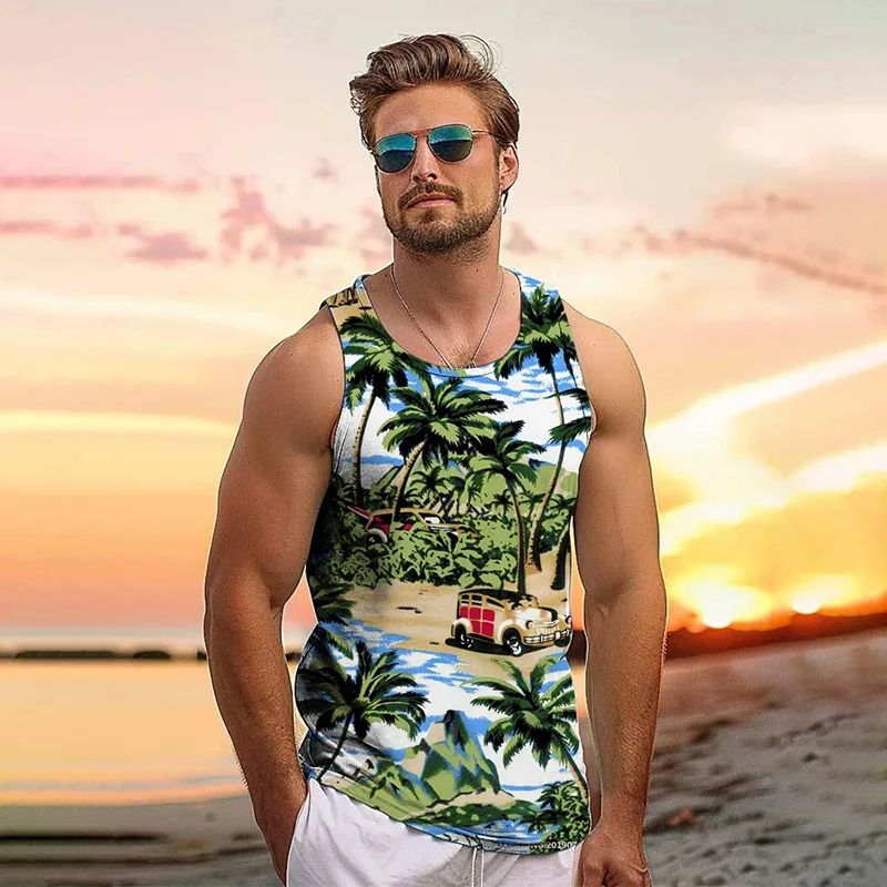 Summer vintage 3D Printed New Tropical Leaves Tank Top Men Coconut Trees Graphic Tank Tops Fashion Cool Streetwear Clothing Vest