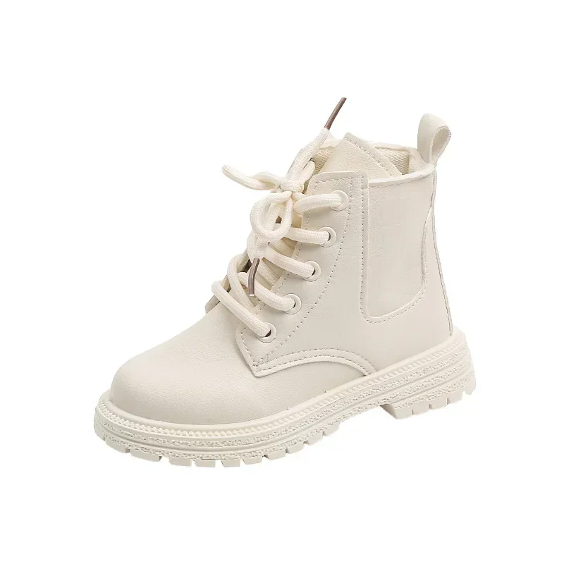 2023 Beige Girls Boots Side Zipper Simple Non-slip Casual Kids Shoes Versatile Soft Boys Britain Style Children Short Boots PU