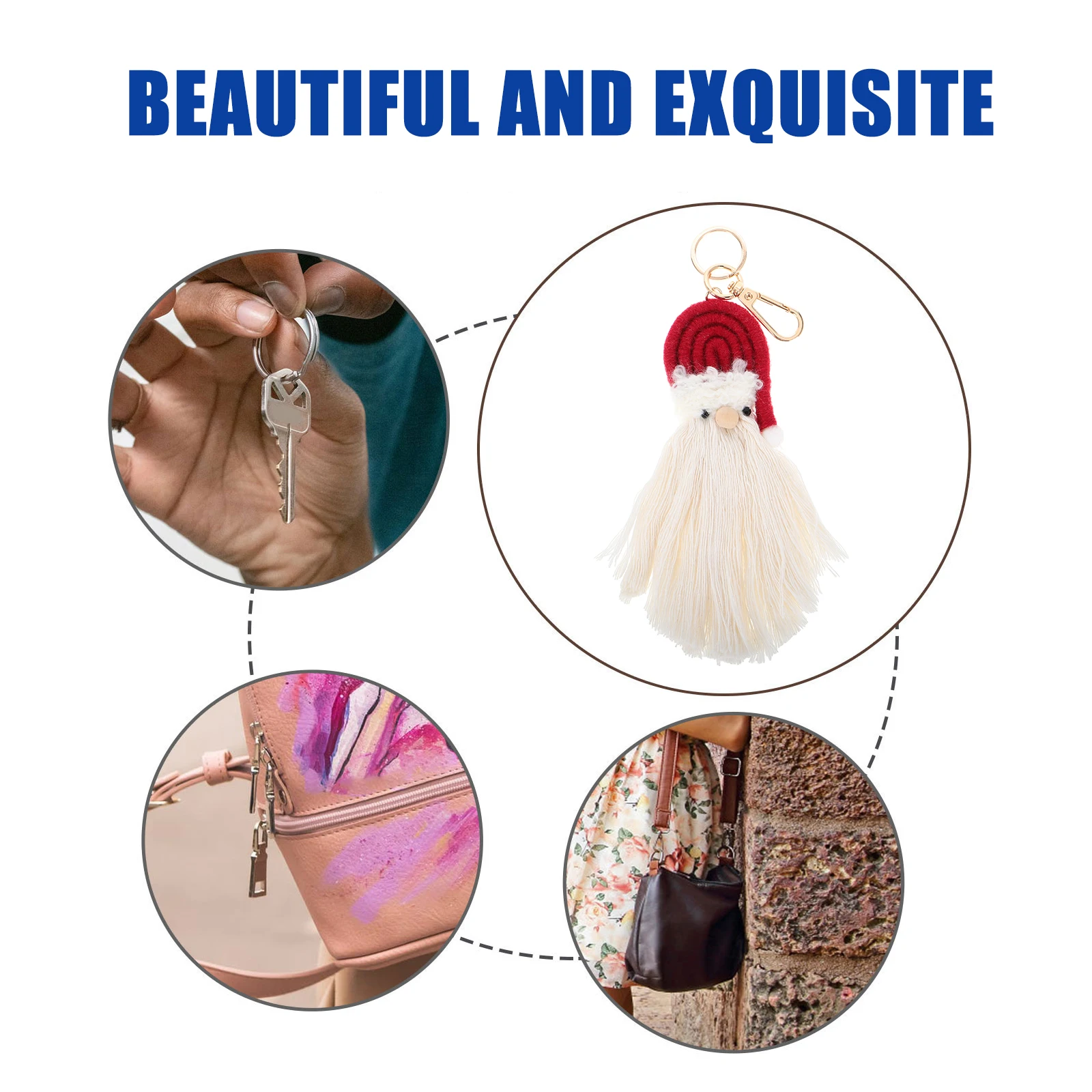 

TENDYCOCO Santa Keychain Holiday Ornament Xmas Stocking Stuffer Handbag Charm Bag Pendant 3D Claus Cotton Rope