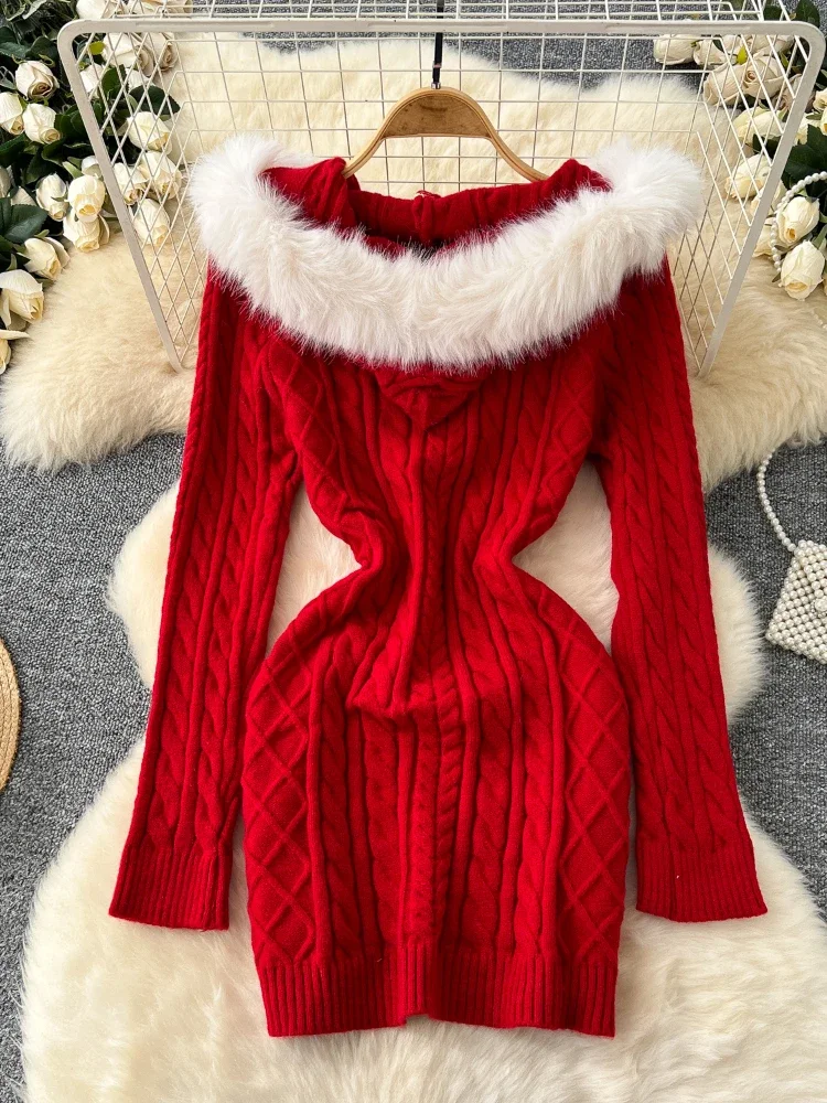 Autumn Winter Warm Knit Dress Women Furry Hooded Buttons Design Elastic Bodycon Christmas Style Chic Hotsweet Festival Clothing