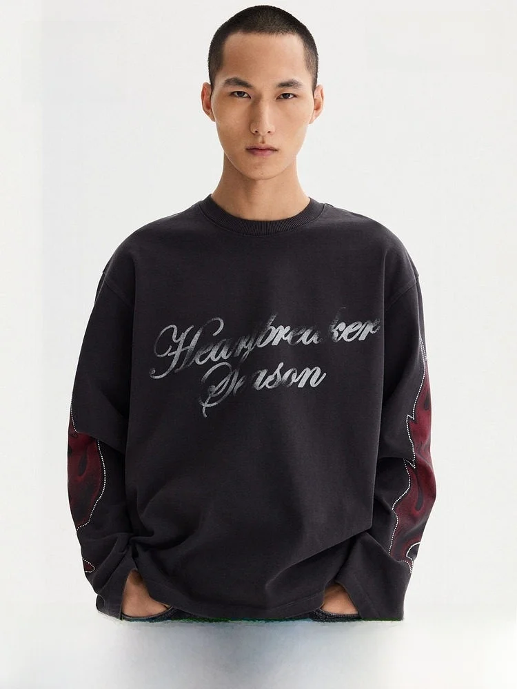 

Футболка H&M унисекс, лето 2026, свободный крой, с длинным рукавом, круглым вырезом, с принтом, повседневный стиль, хлопковый топ для пар
