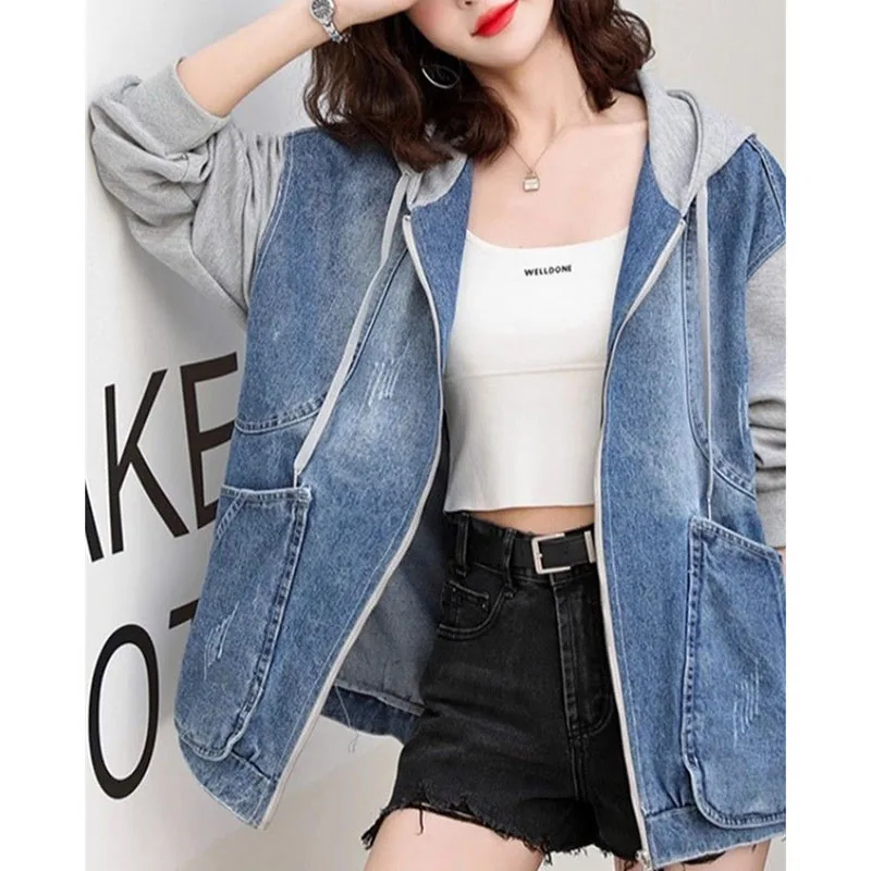 

Women Fashion Hooded Loose Cowboy Coat Spring Autumn Lady Patchwork Denim Jacket Korean Femme Long Sleeves Leisure Jeans Outwear