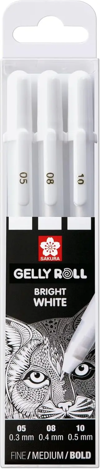 

White Gel Pen Set of 3 - Fine, Medium & Bold for Highlights, Drawing & Crafts