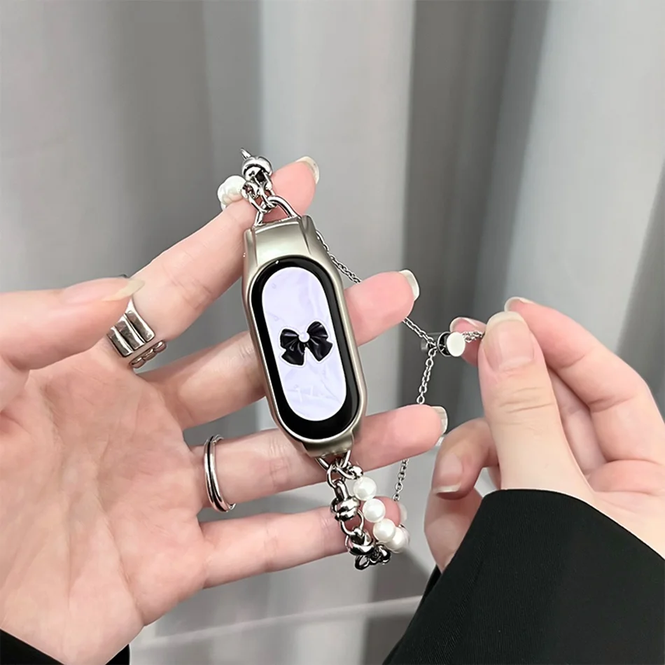 สายนาฬิกาสำหรับ Xiaomi Mi band 8 7 6 5สายนาฬิกาแฟชั่นสร้อยข้อมือโซ่โลหะมุกเปลี่ยนสำหรับ miband 5 6 4 3สายรัดข้อมือ Correa