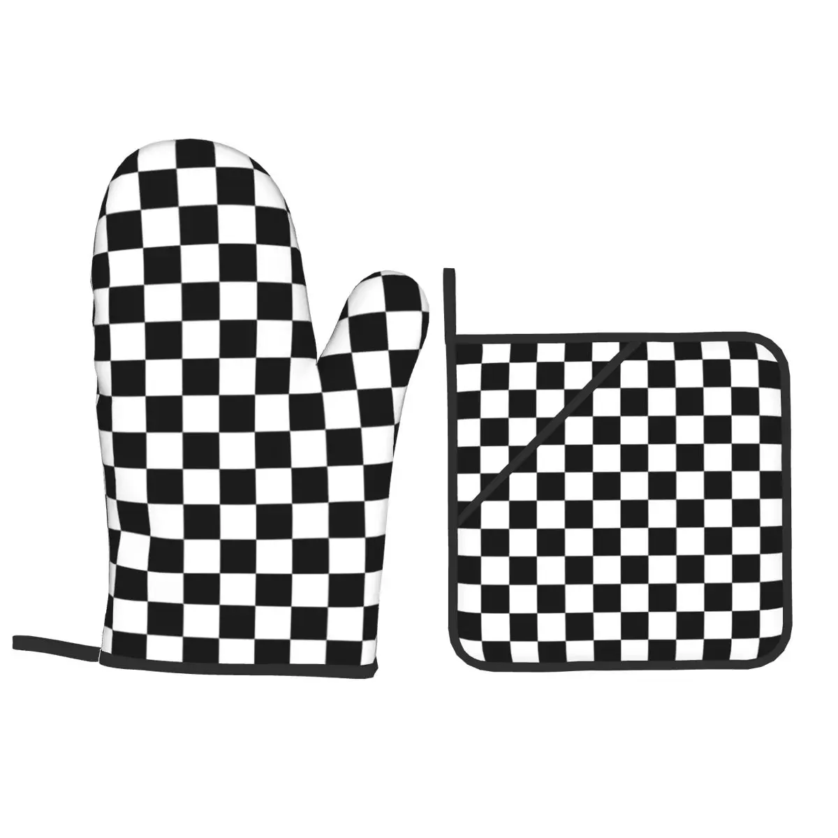 Black And White Checkered Oven Mitts and Pot Holder Sets of 4 for Baking Kitchen Cooking BBQ Resistant Non-Slip Gloves