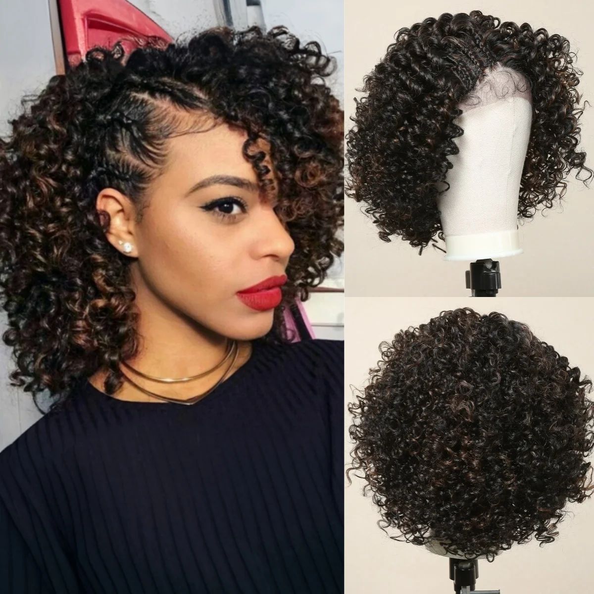 

HAIRCUBE Short Kinky Curly Lace Wig for Black Women Afro Curly Black Brown Synthetic Hair Daily Cosplay Heat Resistant Lace Wig