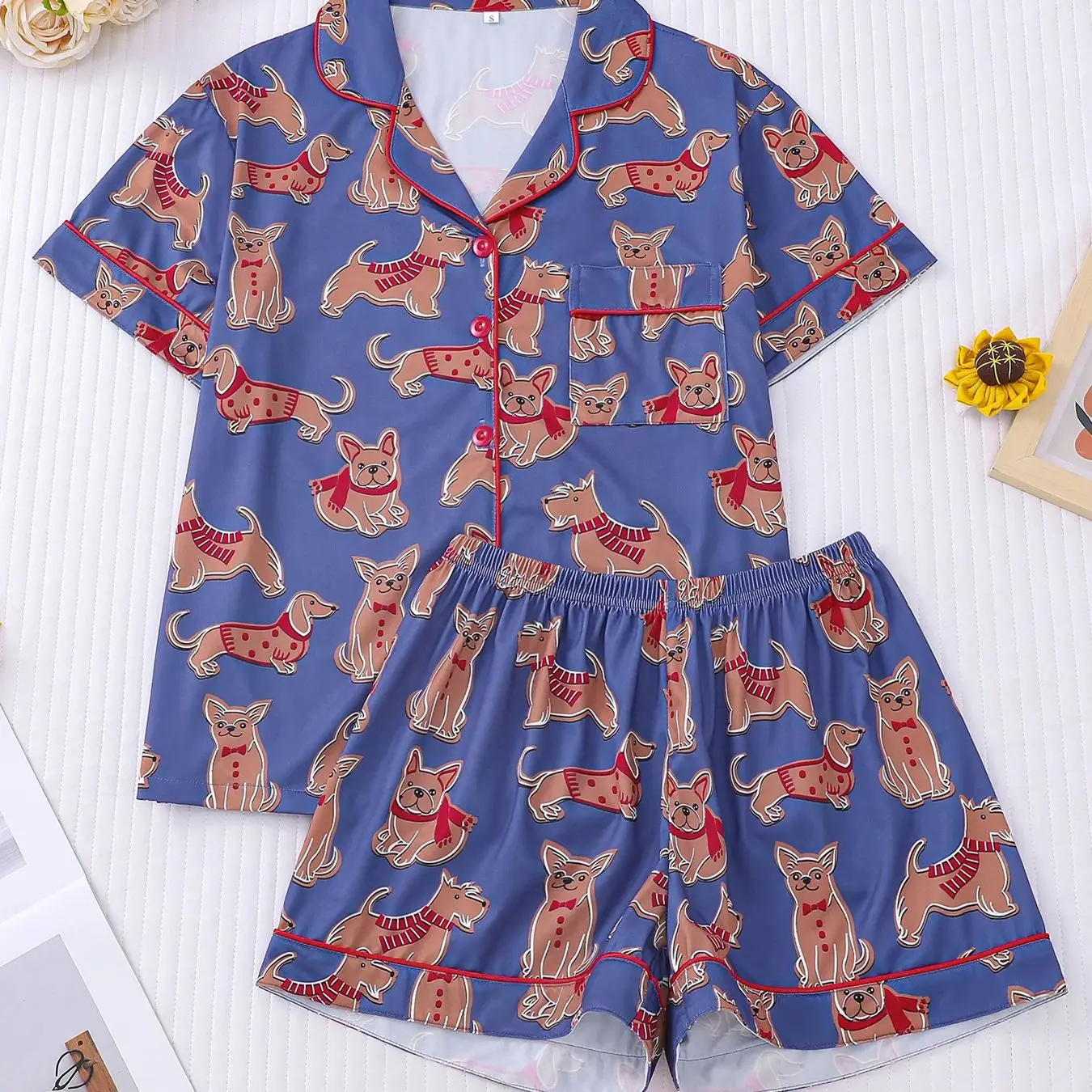

Korean style soft and cute pet dog printed pajamas, short sleeved shorts, two-piece set for women's casual home wear