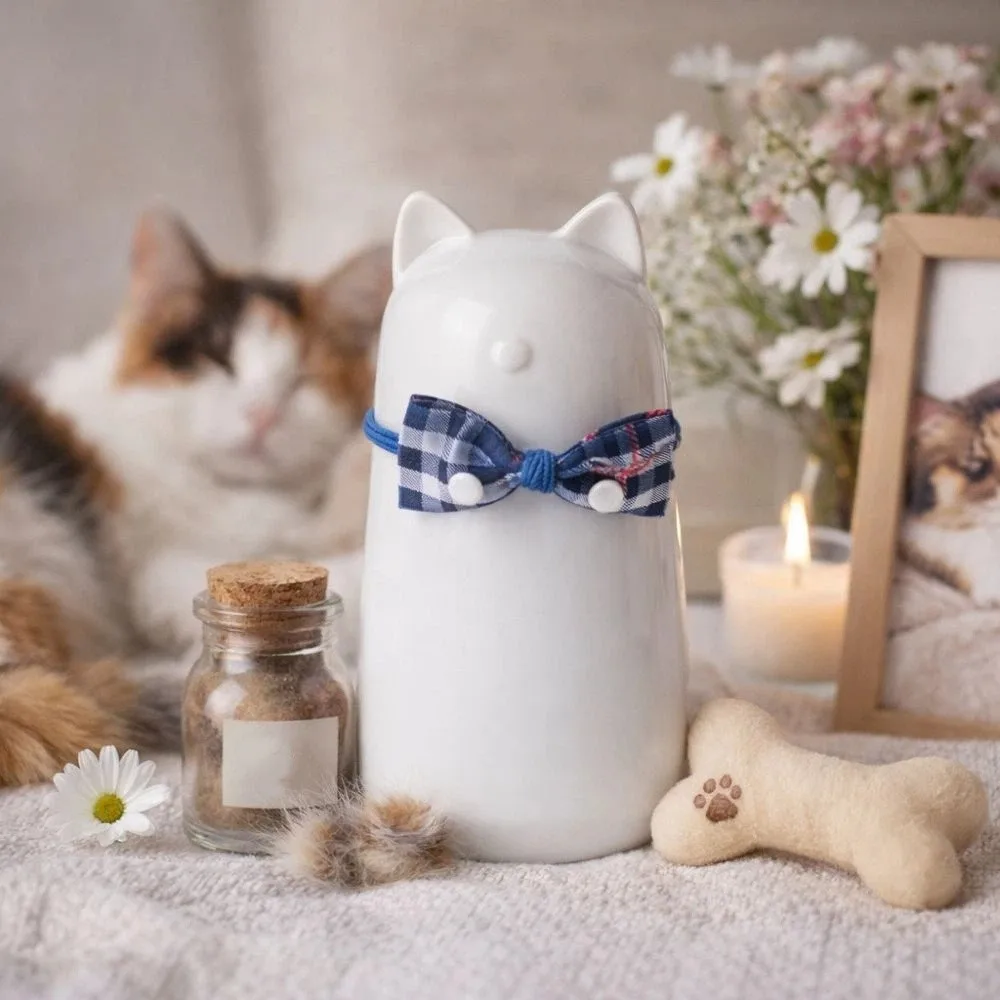 Urna Conmemorativa de Cerámica para Mascotas, Hecha a Mano con Lazo, Porta Cenizas de Mascotas, Urna Funeraria Decorativa con Forma de Gato, Decoración para el Hogar