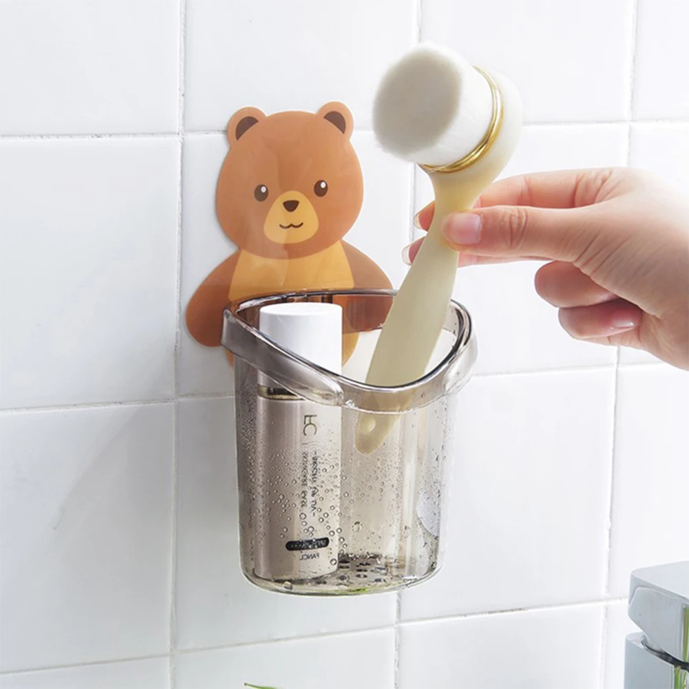 Cute Bear Home Storage Cup Wall Mount Toothbrush Toothpaste Cup Holder Case Bathroom Organization Accessories