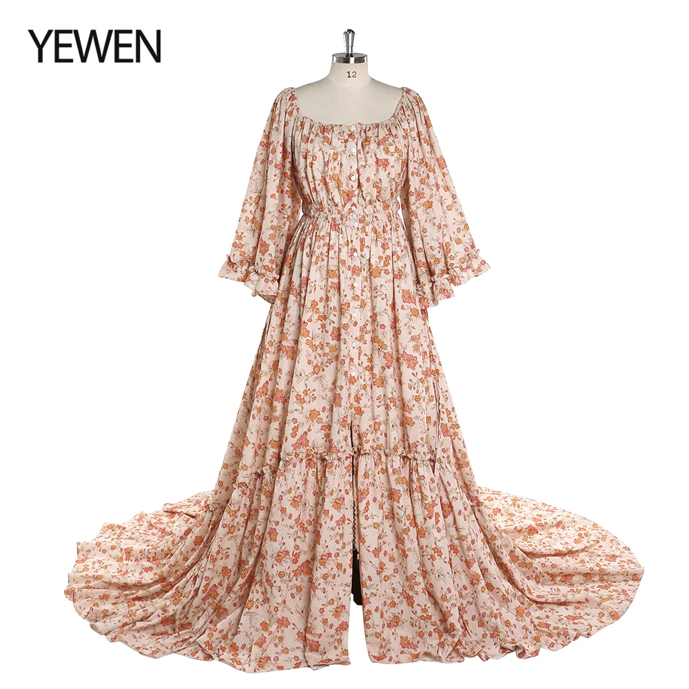 Floral Boho Strectch Neck Photography Dresses with Flare Long Sleeves Baby Shower Dress for Pregnant Woman vestidos YEWEN