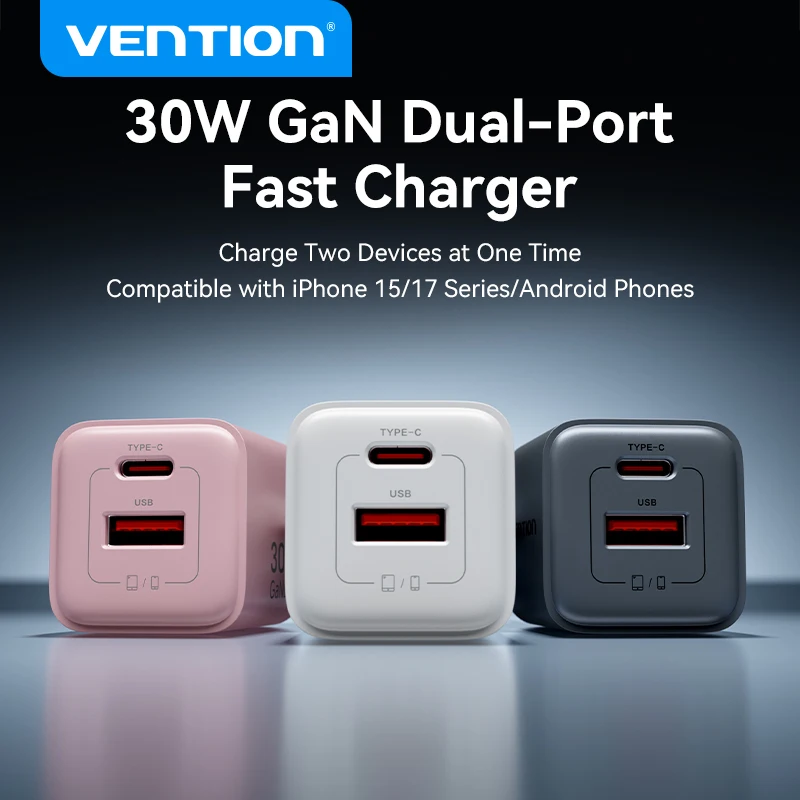 Зарядное устройство Vention 30W GaN с поддержкой PD 3.0 и QC3.0, USB-C, быстрая зарядка для iPhone 16, 15, 14 Pro, Samsung S24, Xiaomi, планшетов, iPad Air