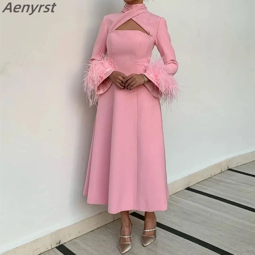 

Aenyrst Vintage Pink Short Prom Gowns With Feathers Long Sleeves Halter Tea Length Formal Occasion Party Dresses Custom Made