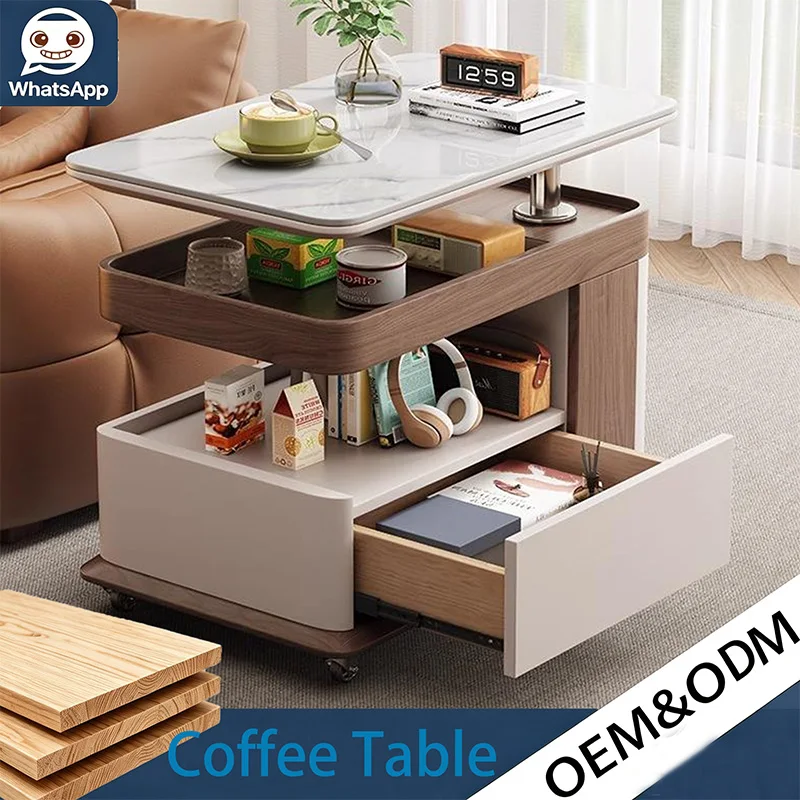 Modern Wooden Rotating Side Table, Liftable Stone Top Storage Coffee Table, Movable Durable Furniture for Living Room Balcony