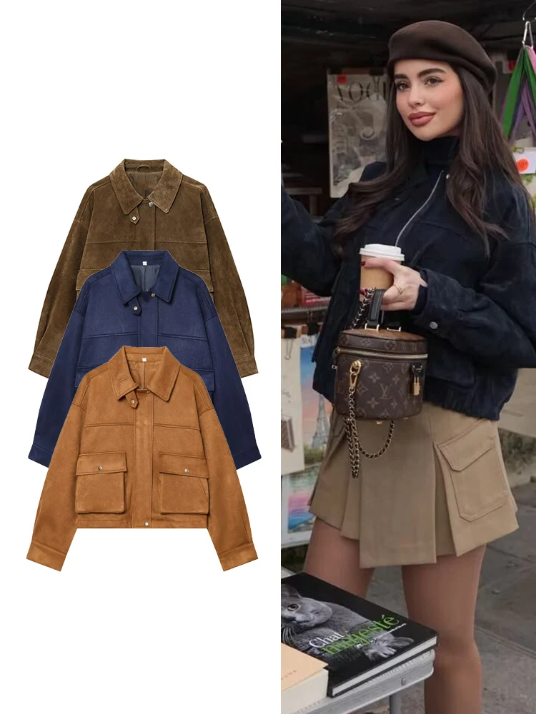 

TFMLN New Women Elegant Suede Jackets Turn-down Collar Long Sleeve Zipper Pocket Bomber Jackets Autumn Winter Casual Outerwear
