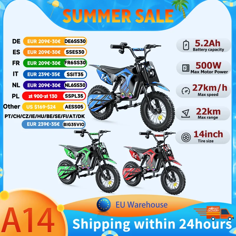Moto électrique tout-terrain iScooter pour enfants 500W 5.2Ah, vitesse maximale 27 km/h, roues de 14 pouces, modèle A14