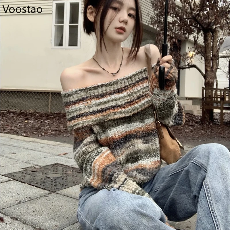 Y2k Aesthetic Off Shoulder Knitted Pullover Women Vintage Chic Striped Slash Neck Slim Sweater Sexy Elegant Lady Jumpers Tops