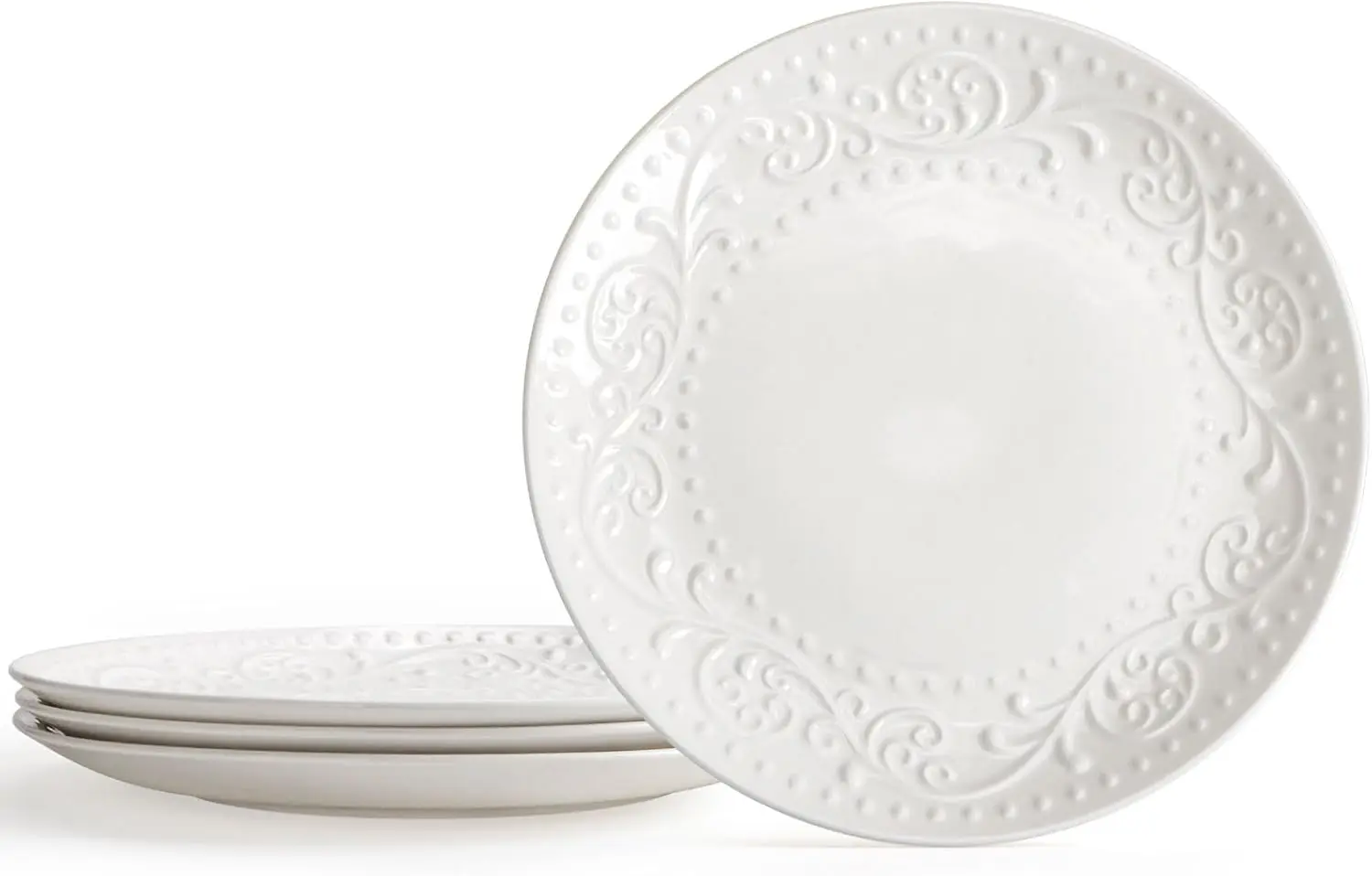 

Ceramic Dinner Plates Set of 4, 10.75 inch Embossed White Kitchen Plates for Salad, Dessert, Appetizer, Steak, Serving Dishes fo