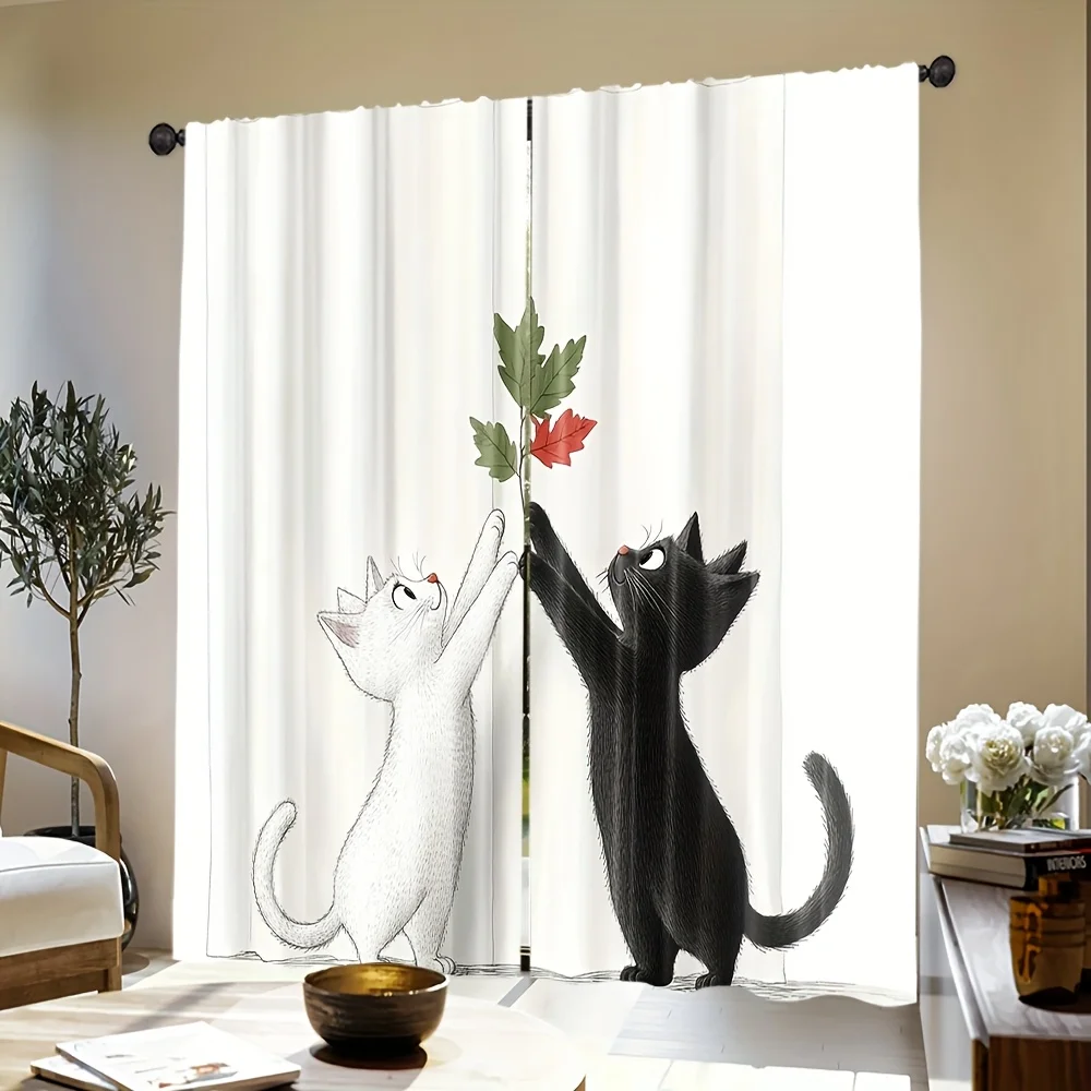 

2 шт. милых черно-белых штор с изображением кошек и игривым дизайном в виде листьев, идеально подходят для гостиной и отеля, выбор любителей животных, быстрая установка.
