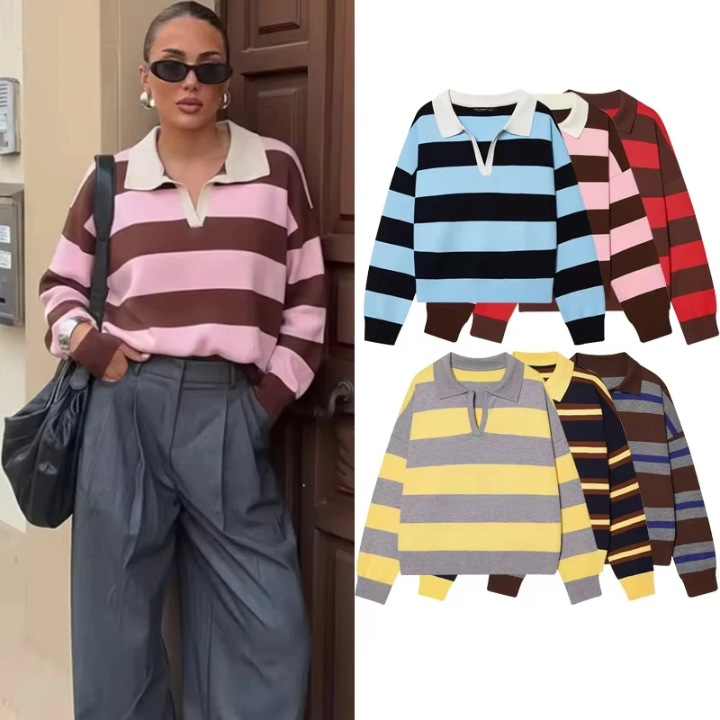 Elegant Women's New Knitted Striped Sweater Polo neck Pullover Spring Autumn Fashion Loose Warm Young Sweater Street Blouses