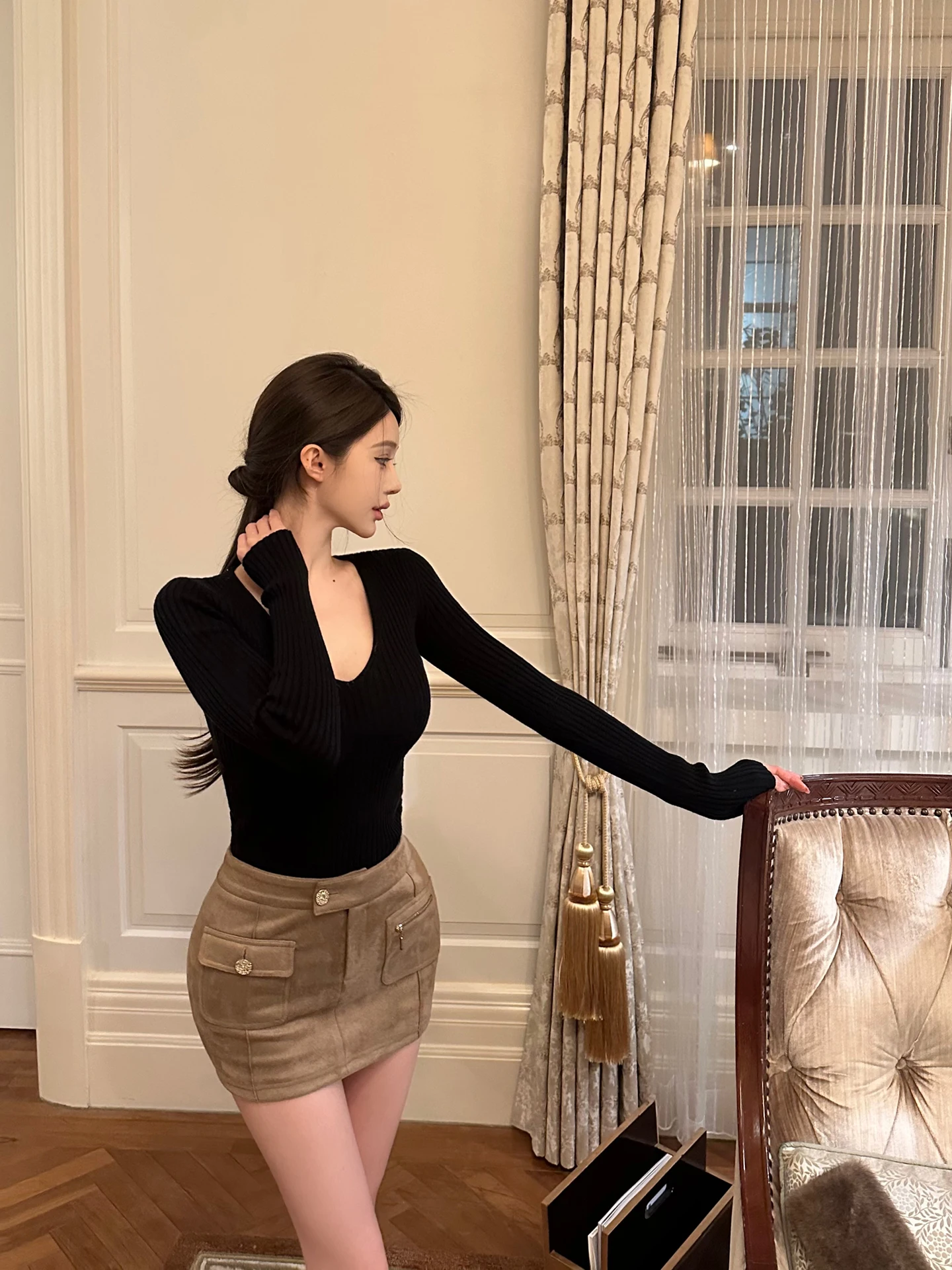 

Юбка-карандаш из замши и искусственного бархата, приталенная, А-силуэт, с эффектом утягивания талии, в корейском стиле, для повседневной носки, для девушек