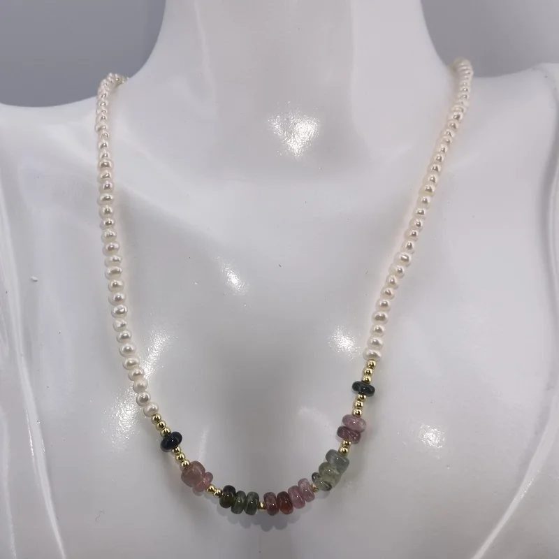 

WJEB Necklace Multi Colored Tourmaline Pearls Paired with Gold-plated Sterling Silver Girl Women Fashion Party Jewelry Gifts