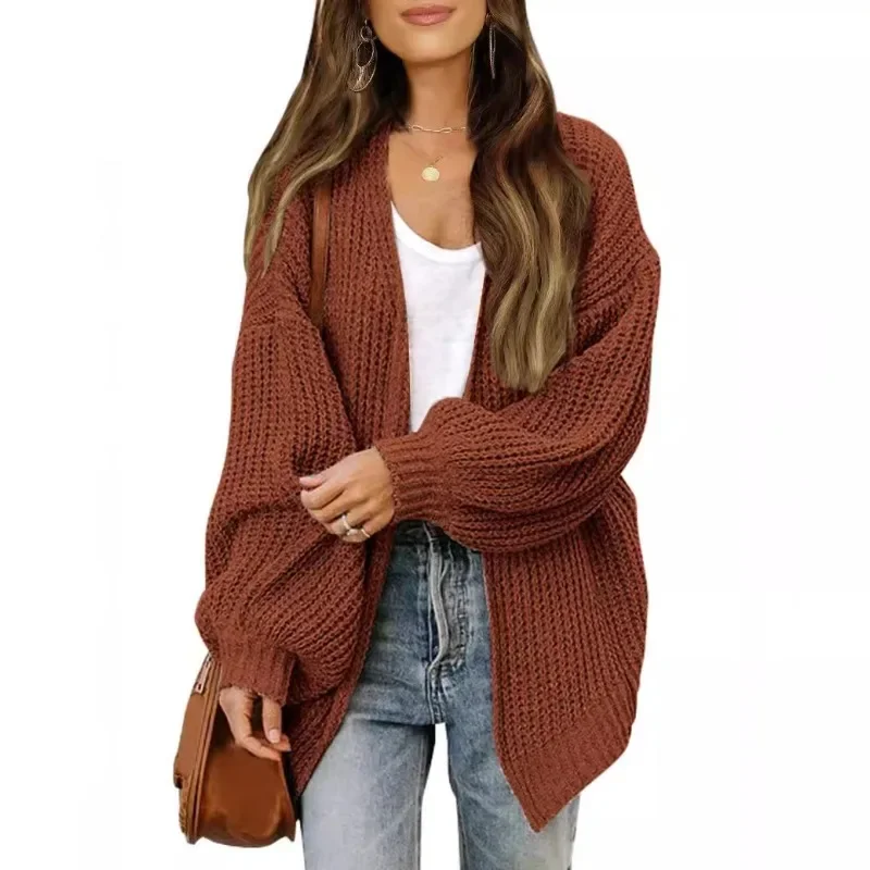 Women Sweater Jacket Fall-Winter 2024 New Fashion Lantern Sleeve Cardigan Solid Color Knitted Thermal Coat Elegant Street Wear