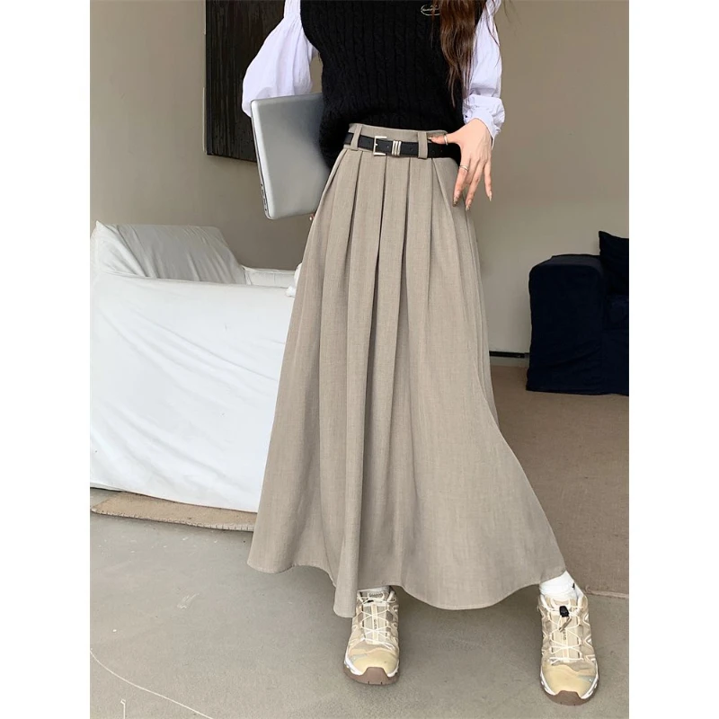 Deeptown Preppy Style Pleated Skirts Women Elegant Korean Style Belt Mid-length Skirt Black Fashion Casual A-line Long Skirts