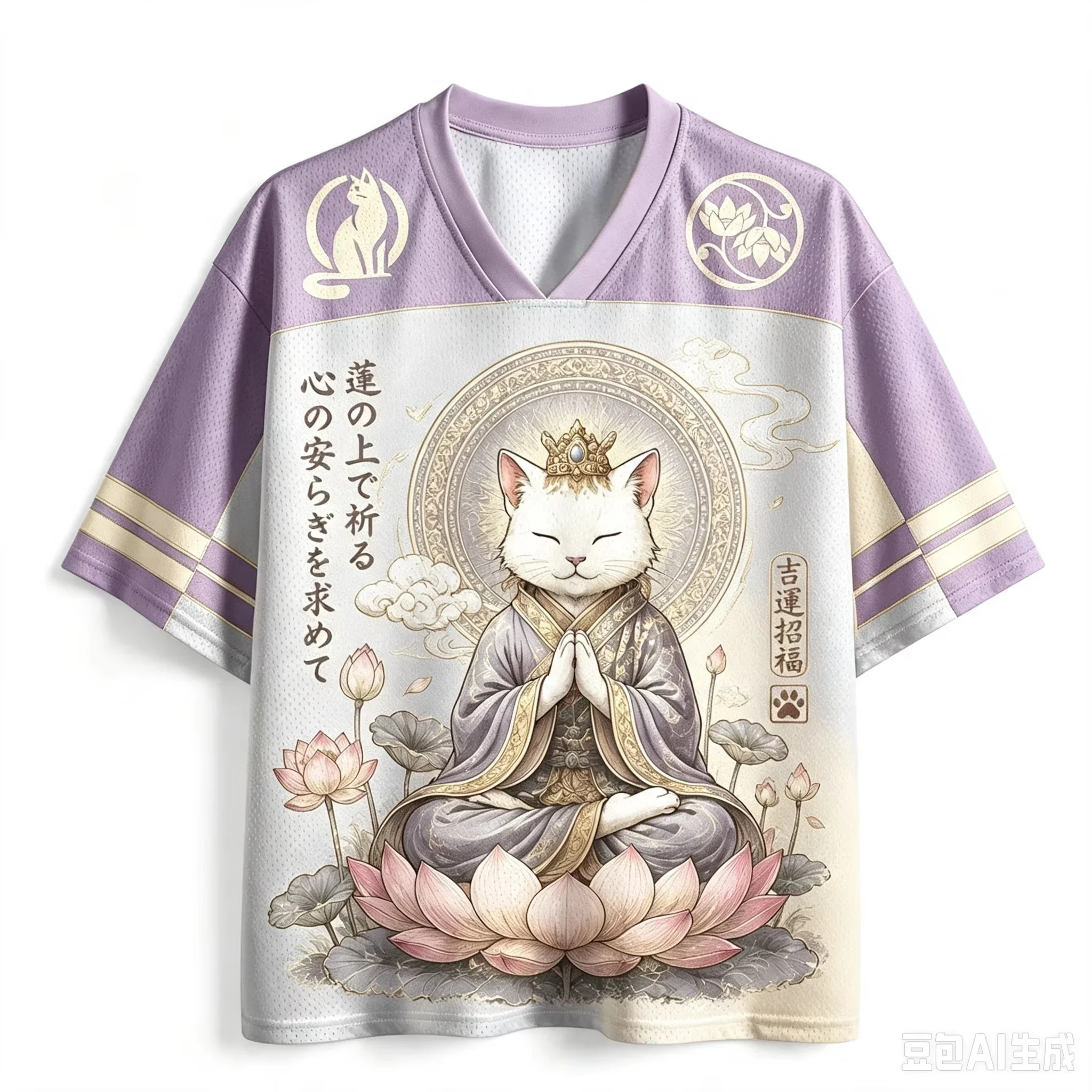 New 2026 Japanese-style V-neck Children's T-shirt/sweatshirt Featuring Mesh Fabric and A Cute Samurai Cat Design Unisex