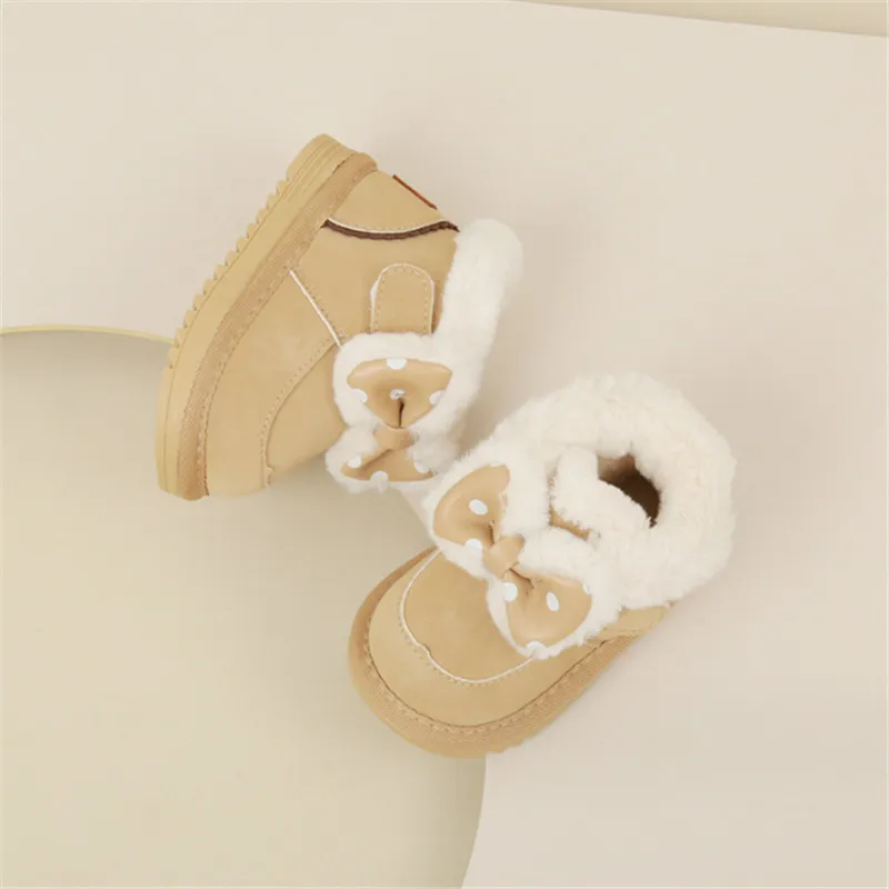 2023 New Winter Baby Shoes For Girls Leather Butterfly-knot Warm Plush Kids Boots Rubber Sole Fashion Toddler Children Snow Boot